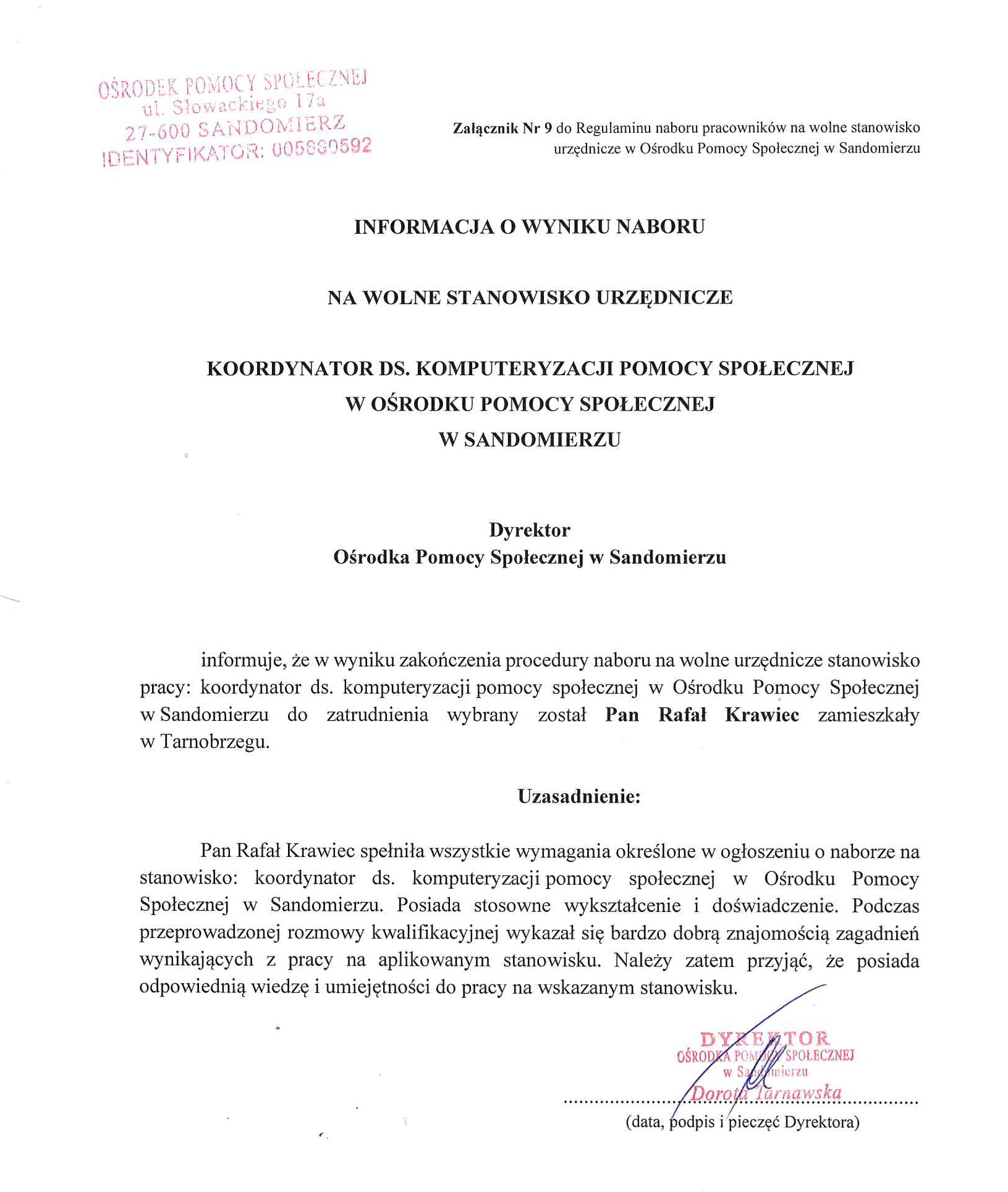 Informacja o wyniku naboru na wolne urzędnicze stanowisko Koordynator ds Komputeryzacji pomocy społecznej