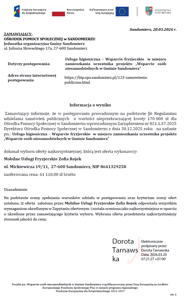 Usługa higieniczna - Wsparcie fryzjerskie w&nbsp;miejscu zamieszkania uczestnika projektu &bdquo;Wsparcie os&oacute;b niesamodzielnych w&nbsp;Gminie Sandomierz"