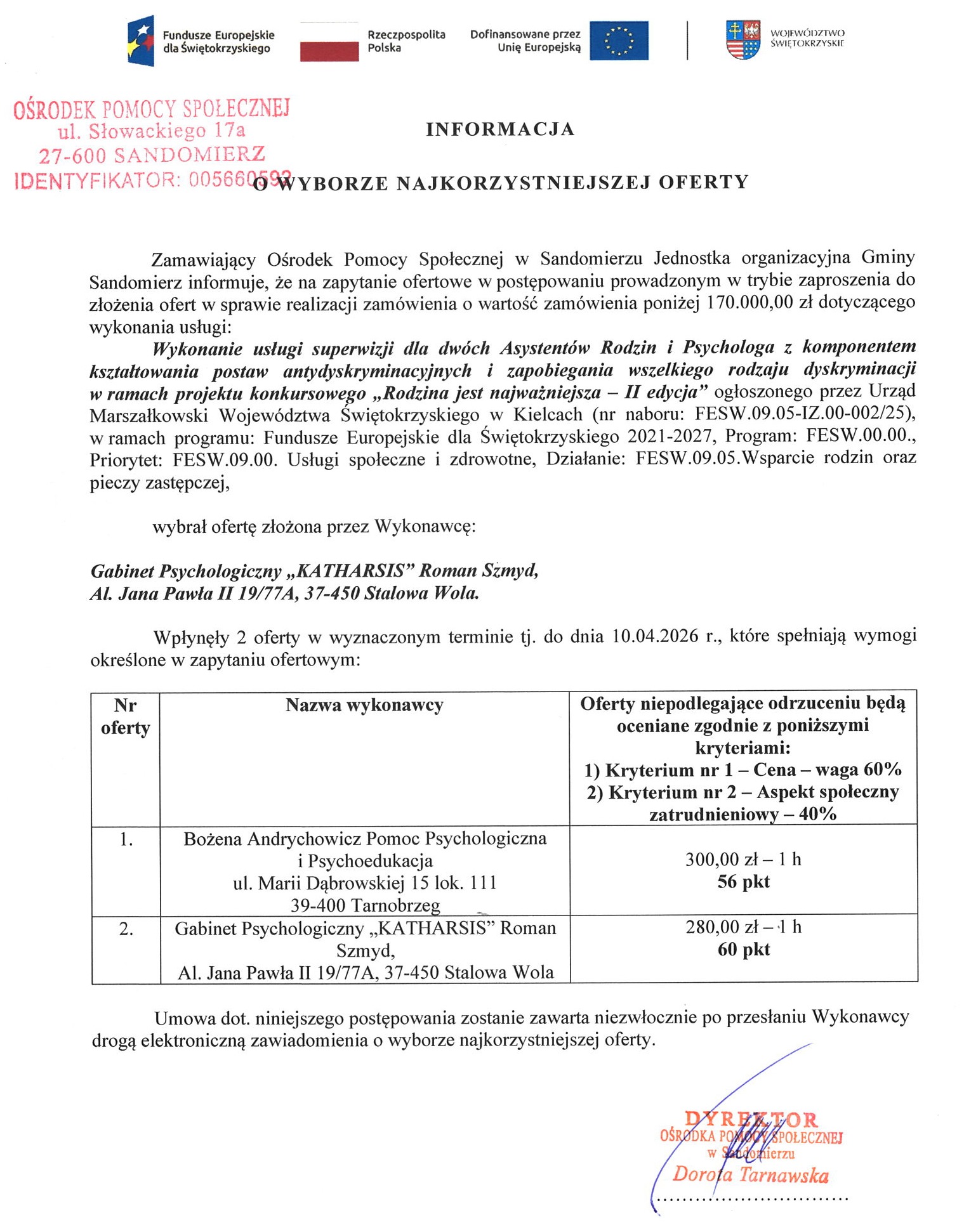 Informacja o&nbsp;wyborze najkorzystniejszej oferty